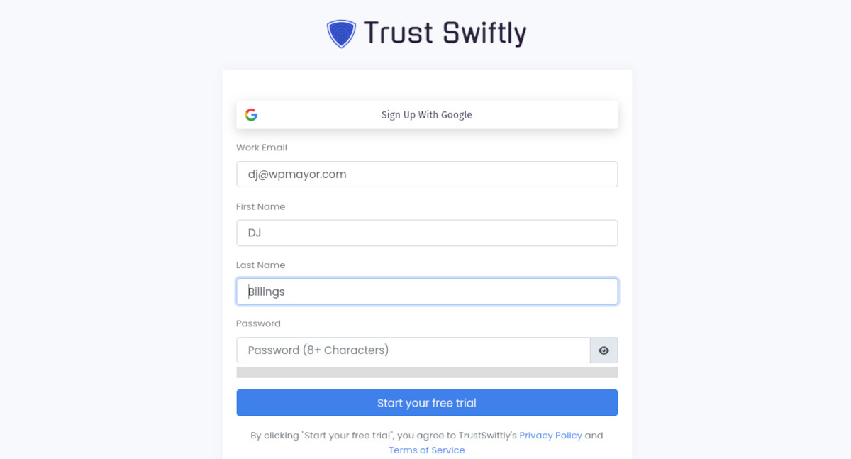 Trust Swiftly Signup Form