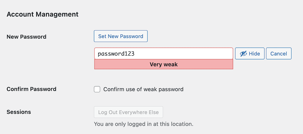 Attempting To Set A Weak Password Within Wordpress.